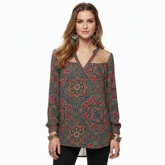 BKE Boutique Size Small S Paisley Floral Blouse Sheer Mesh Yoke Tunic - Picture 1 of 4